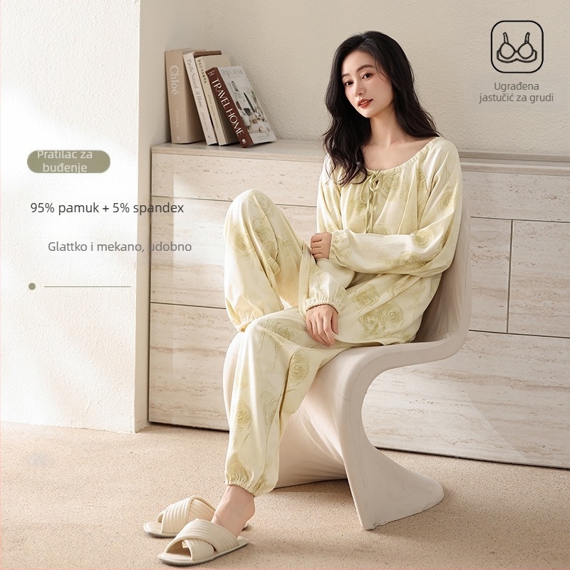 Ženski set pidžama od elastnog pamuka s umetkom za prsa, okrugli ovratnik, dugi rukavi