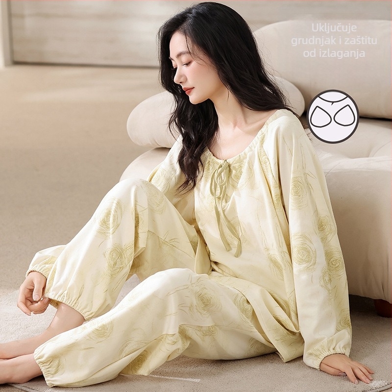 Ženski set pidžama od elastnog pamuka s umetkom za prsa, okrugli ovratnik, dugi rukavi