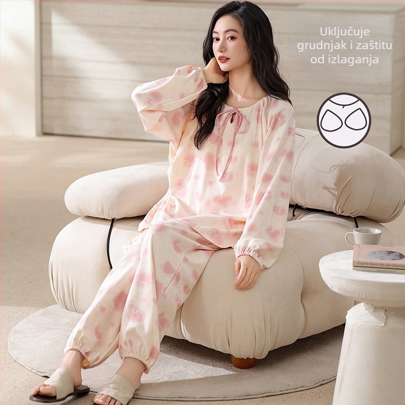 Ženski set pidžama od elastnog pamuka s umetkom za prsa, okrugli ovratnik, dugi rukavi