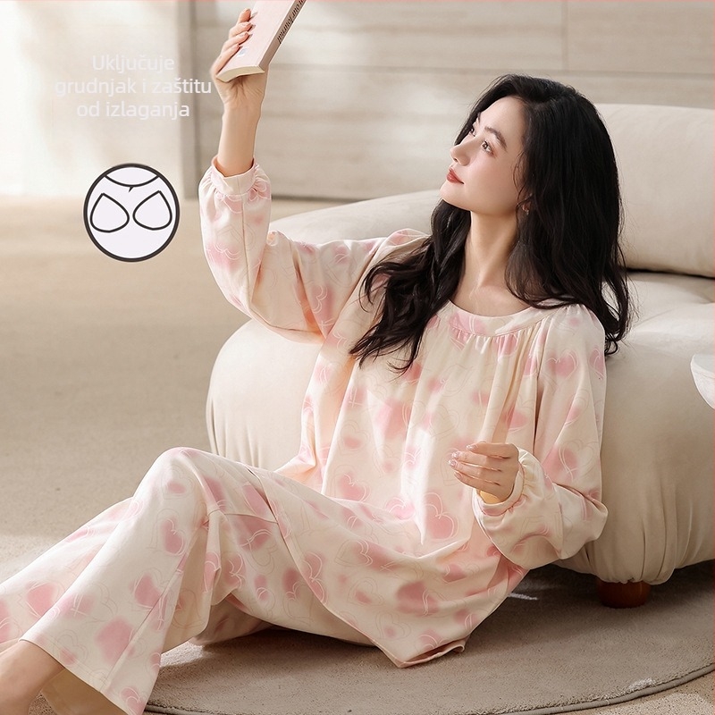 Ženski set pidžama od elastnog pamuka s umetkom za prsa, okrugli ovratnik, dugi rukavi
