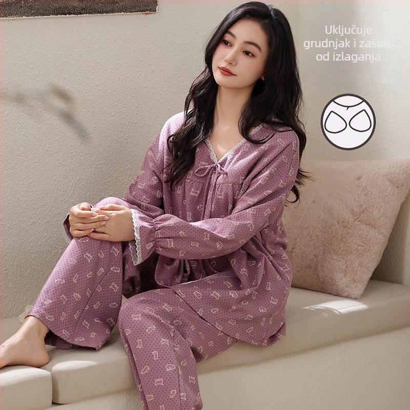 Ženski set pidžama od elastnog pamuka s umetkom za prsa, okrugli ovratnik, dugi rukavi