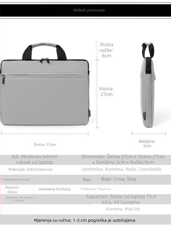 Torba za laptop od poliestera — prozračna, vodootporna, otporna na habanje i tresenje; jednofarbni uzorak