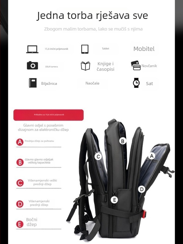 Ruksak za 14-inčni laptop, kapacitet 20–35 L, vodootporan Oxford materijal, zakrivljene naramenice, unisex, za slobodno vrijeme putovanja.