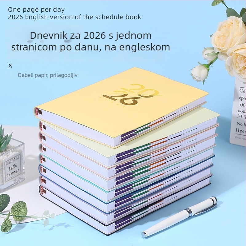 Beležnica – Dnevni planer za 2026. godinu s kalendarom, PU kožna korica, Dowling papir, 80 g/m², 300–400 stranica, Poslovni stil
