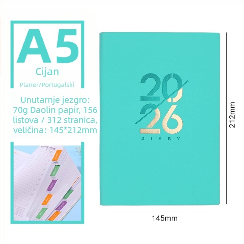 Beležnica – Dnevni planer za 2026. godinu s kalendarom, PU kožna korica, Dowling papir, 80 g/m², 300–400 stranica, Poslovni stil