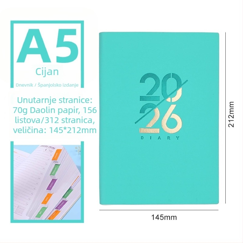 Beležnica – Dnevni planer za 2026. godinu s kalendarom, PU kožna korica, Dowling papir, 80 g/m², 300–400 stranica, Poslovni stil