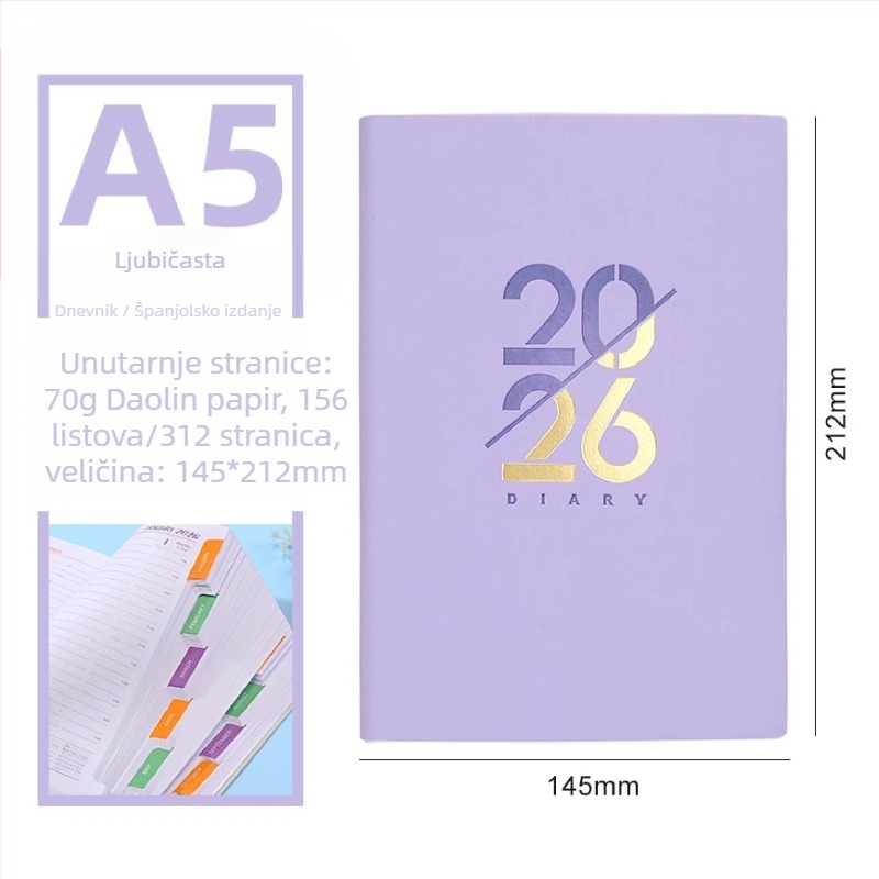 Beležnica – Dnevni planer za 2026. godinu s kalendarom, PU kožna korica, Dowling papir, 80 g/m², 300–400 stranica, Poslovni stil