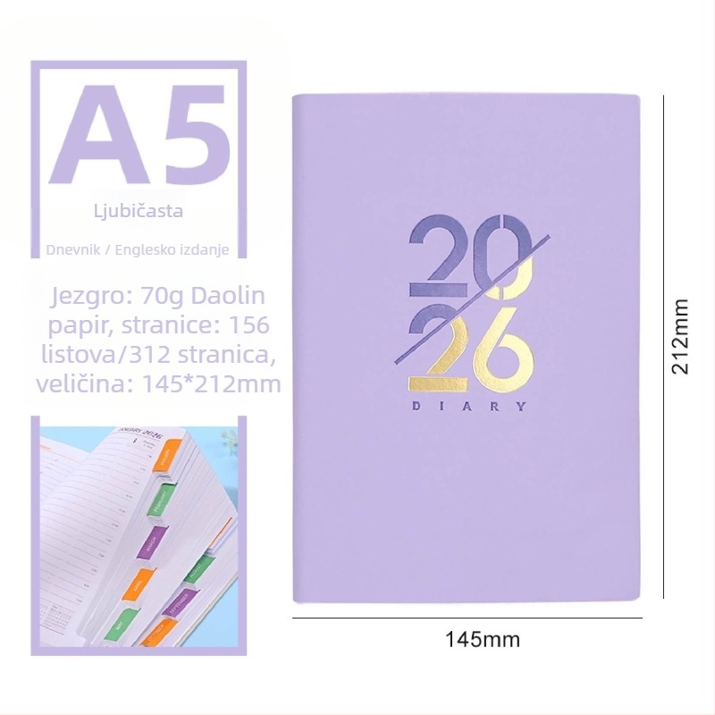 Beležnica – Dnevni planer za 2026. godinu s kalendarom, PU kožna korica, Dowling papir, 80 g/m², 300–400 stranica, Poslovni stil
