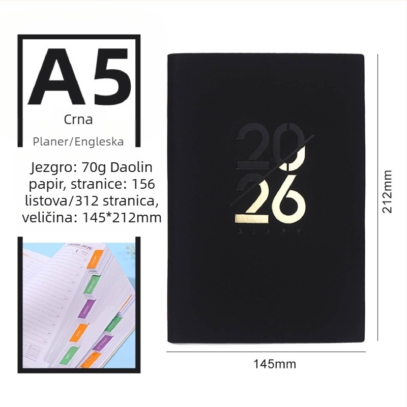 Beležnica – Dnevni planer za 2026. godinu s kalendarom, PU kožna korica, Dowling papir, 80 g/m², 300–400 stranica, Poslovni stil