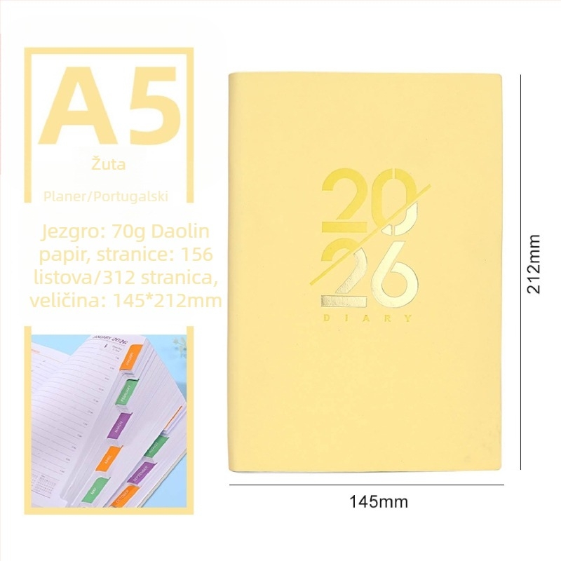 Beležnica – Dnevni planer za 2026. godinu s kalendarom, PU kožna korica, Dowling papir, 80 g/m², 300–400 stranica, Poslovni stil