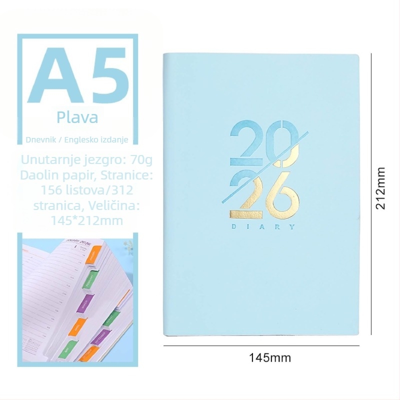Beležnica – Dnevni planer za 2026. godinu s kalendarom, PU kožna korica, Dowling papir, 80 g/m², 300–400 stranica, Poslovni stil
