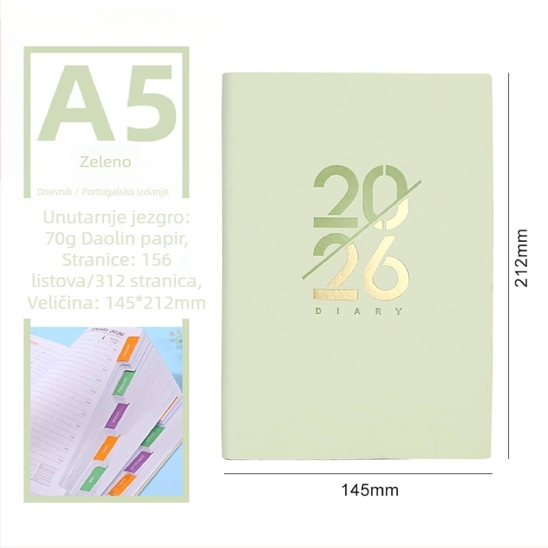 Beležnica – Dnevni planer za 2026. godinu s kalendarom, PU kožna korica, Dowling papir, 80 g/m², 300–400 stranica, Poslovni stil