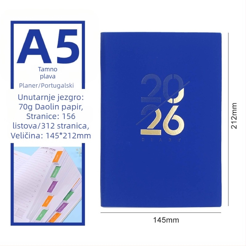 Beležnica – Dnevni planer za 2026. godinu s kalendarom, PU kožna korica, Dowling papir, 80 g/m², 300–400 stranica, Poslovni stil