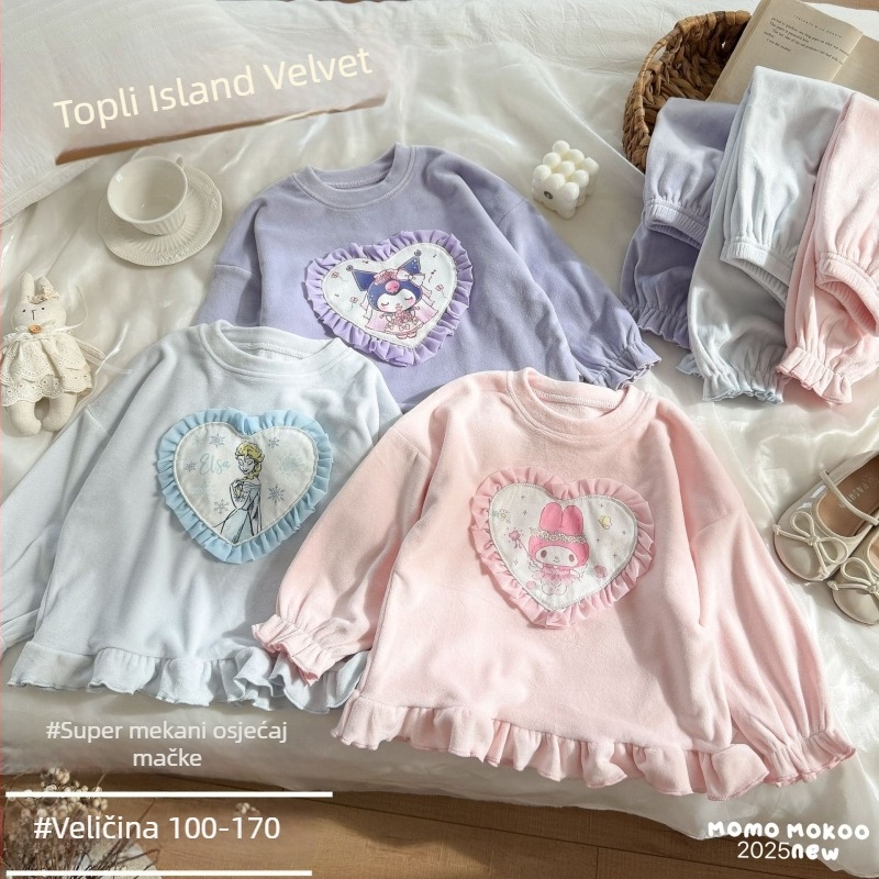 Dječji set pidžama Island Velvet – plišasti materijal, crtani uzorak, 92% poliester, debeli materijal, korejski stil