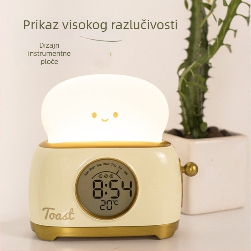 Noćna lampica s budilicom i ugrađenom baterijom, podesiva svjetlina, ABS sjenilo, karikaturan stil
