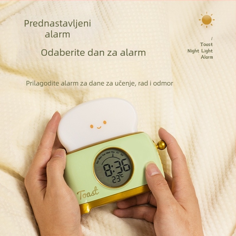 Noćna lampica s budilicom i ugrađenom baterijom, podesiva svjetlina, ABS sjenilo, karikaturan stil
