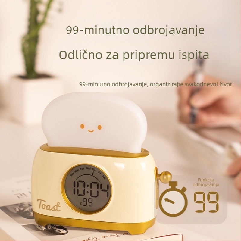 Noćna lampica s budilicom i ugrađenom baterijom, podesiva svjetlina, ABS sjenilo, karikaturan stil