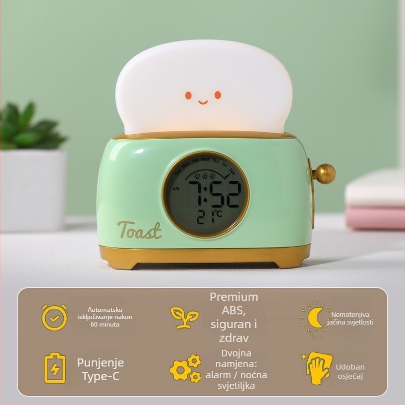 Noćna lampica s budilicom i ugrađenom baterijom, podesiva svjetlina, ABS sjenilo, karikaturan stil