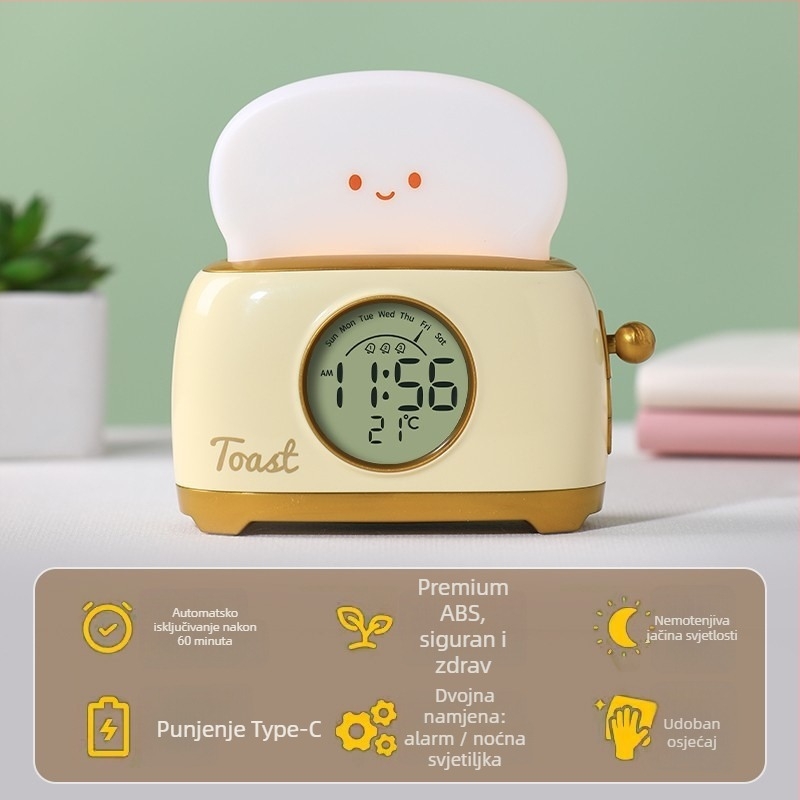 Noćna lampica s budilicom i ugrađenom baterijom, podesiva svjetlina, ABS sjenilo, karikaturan stil
