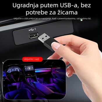 Unutarnje LED ambientno osvjetljenje automobila s dinamičkim efektima, USB univerzalni model, 12V 5W, ABS kućište, ugradnja u ploču instrumenta, vrata, strop i prostor za noge