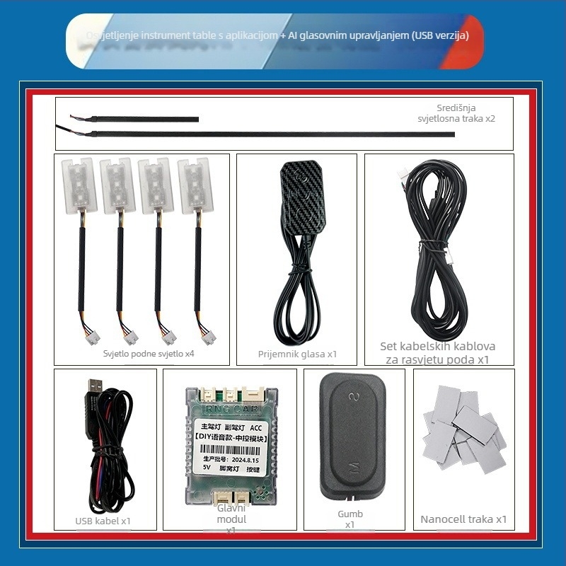 Unutarnje LED ambientno osvjetljenje automobila s dinamičkim efektima, USB univerzalni model, 12V 5W, ABS kućište, ugradnja u ploču instrumenta, vrata, strop i prostor za noge