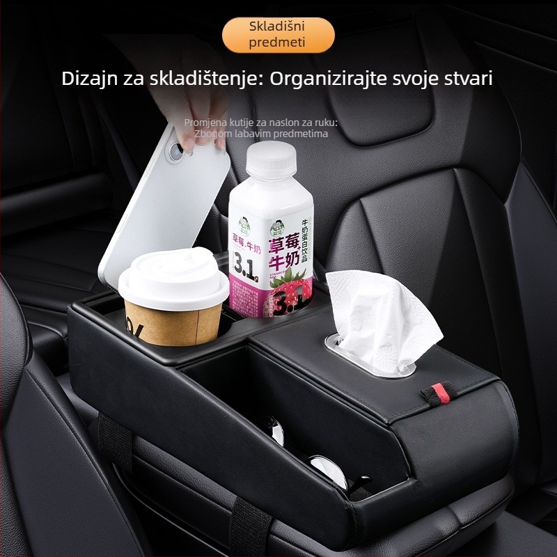 Kožna univerzalna podloga za naslon ruke automobila s pretincom za pohranu, kutijom za maramice i držačem čaše