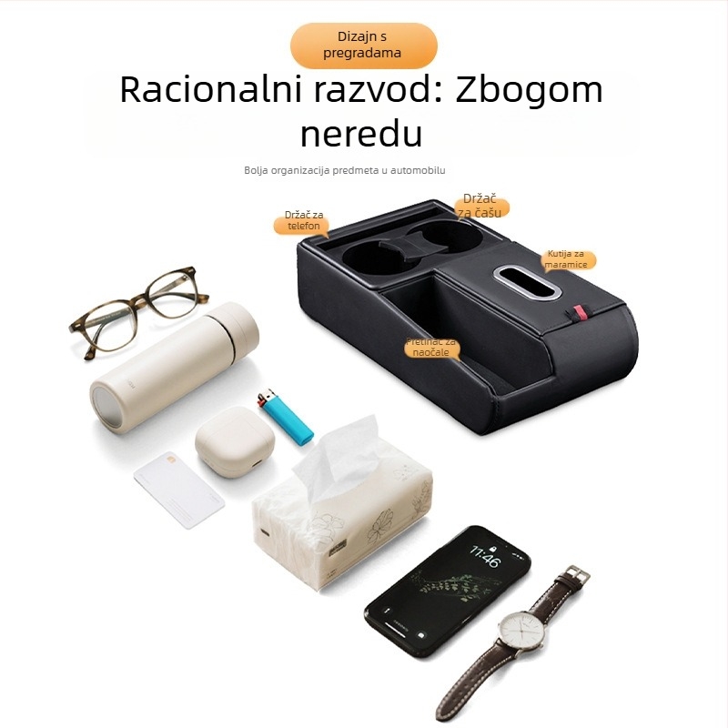 Kožna univerzalna podloga za naslon ruke automobila s pretincom za pohranu, kutijom za maramice i držačem čaše