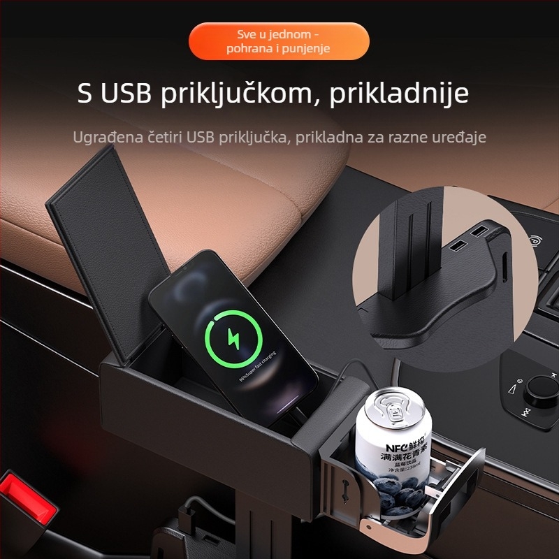 Kožni središnji naslon za automobil, višefunkcionalna kutija za pohranu i držač čaše, univerzalna uporaba, prilagodljivo