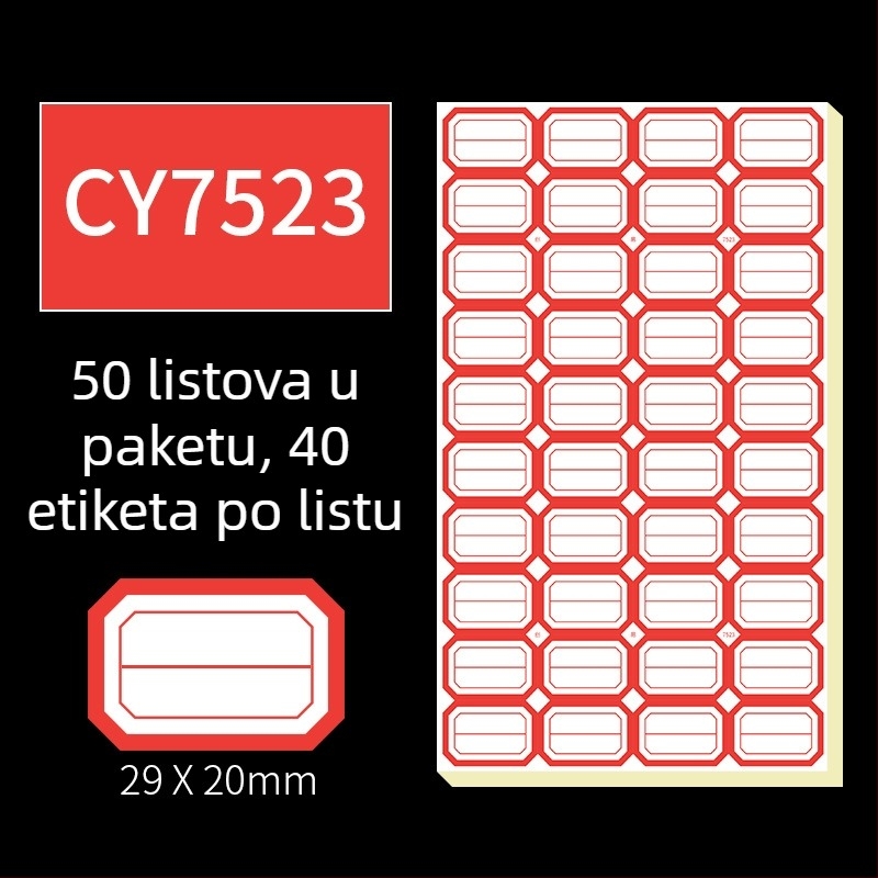Ručne pisane samoljepljive etikete, model CY7520, 68 etiketa po stranici, licencirana privatna marka