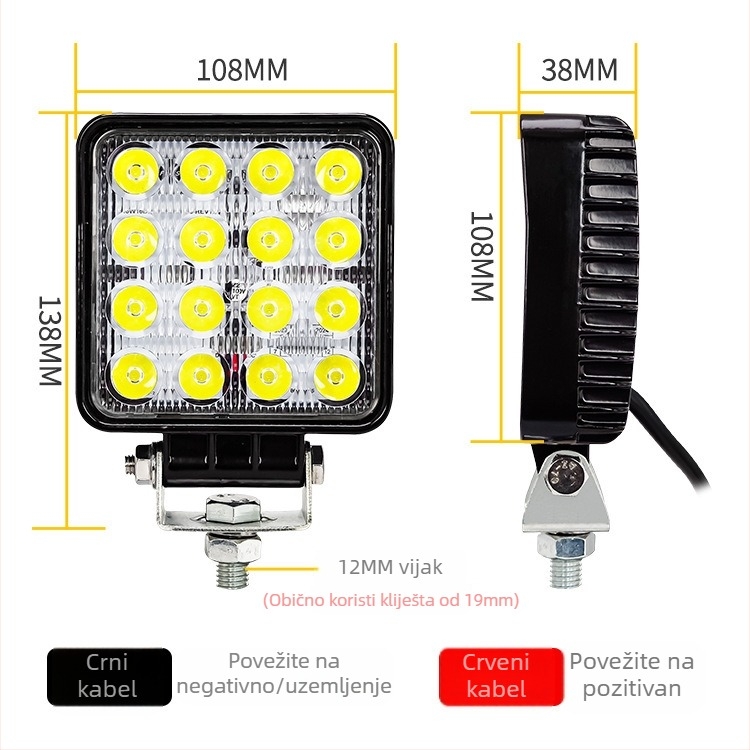 LED radna svjetiljka za ekskavatore i građevinske strojeve, 48W, 12-60V, 6500K, model Zs-1158, vijek trajanja 10000 h