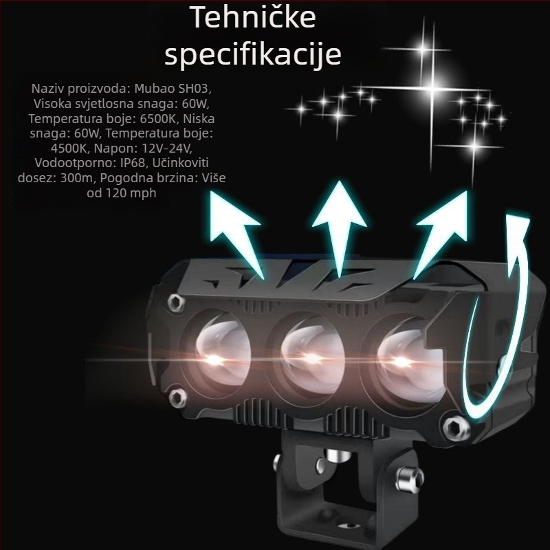 Motociklistički LED reflektor sa tri diode, IP67, 36W, 8-80V, aluminijsko kućište, LED 3570