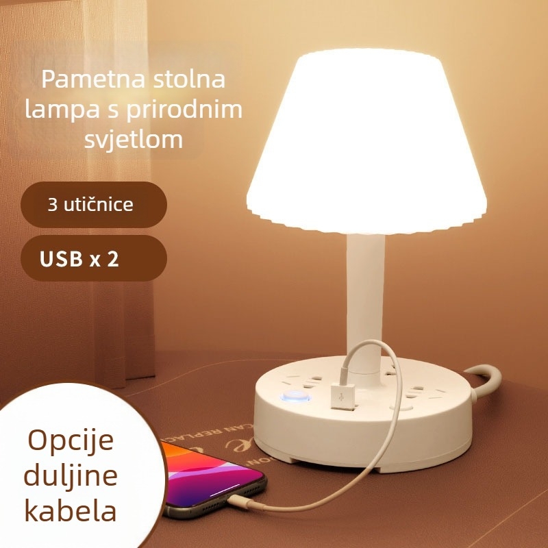 Integrirana stolna svjetiljka s utičnicom, napajanje iz utičnice, plastični abažur, gumb za uključivanje, CRI ≥95
