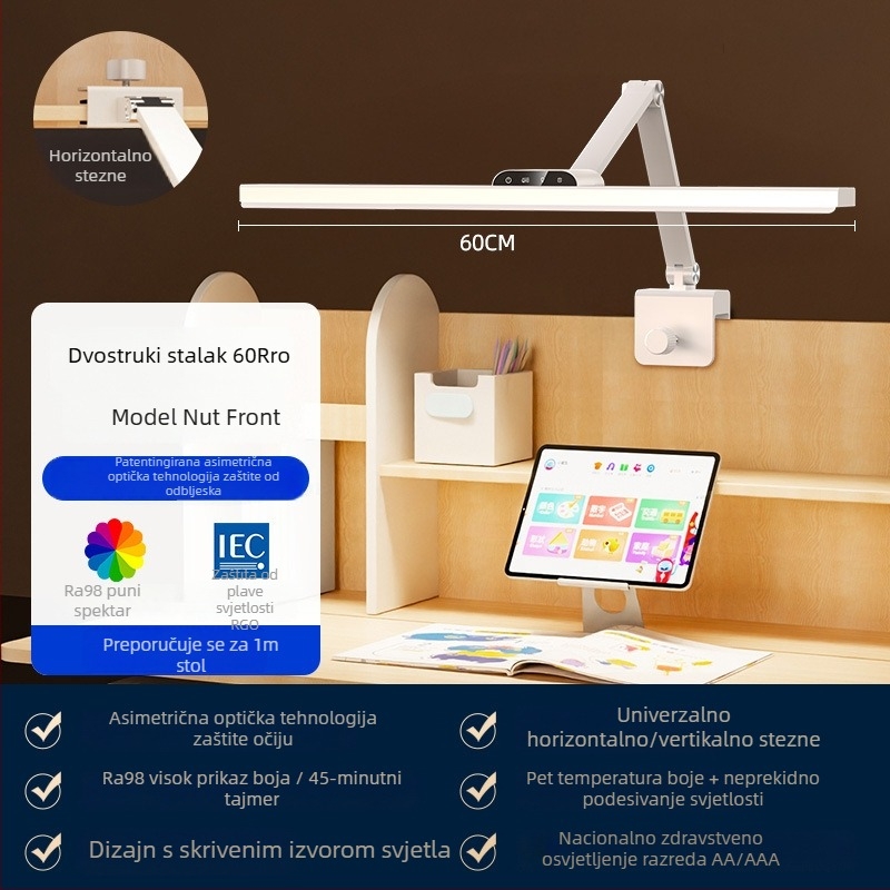 Stolna lampa za učenje s LED punog spektra, zaštita očiju, klipsa za čitanje, regulacija osvjetljenja, USB napajanje, dodirni prekidač, 18W, CRI ≥95