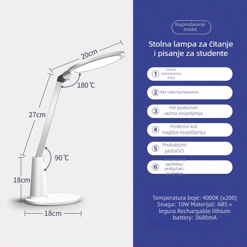 Studijska stolna lampa s zaštitom očiju, metalno sjenilo, ugrađena litij baterija, pet razina prigušenja, CRI ≥90
