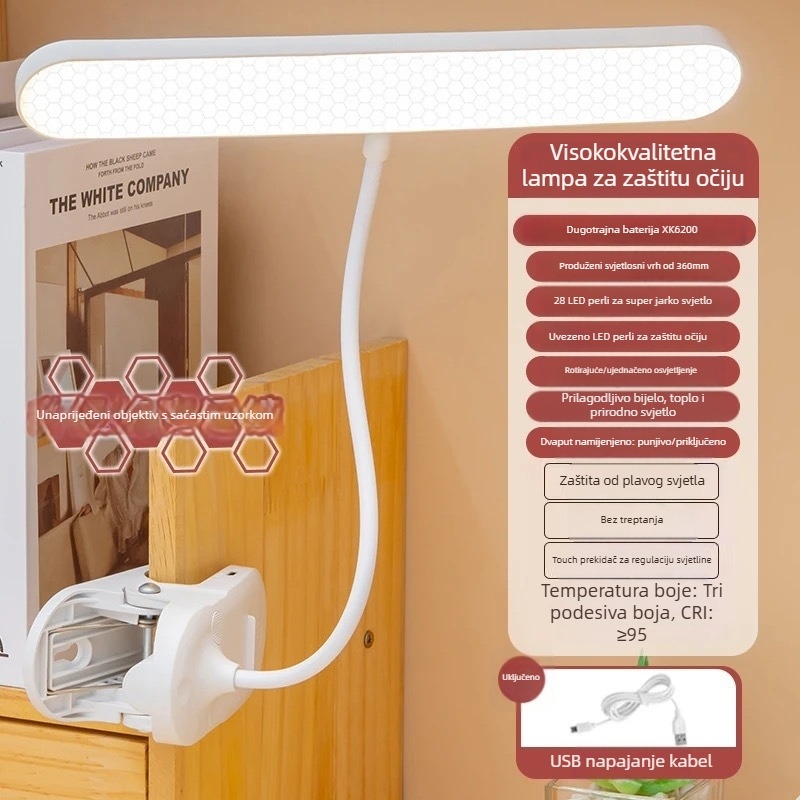 USB napajana LED stolna svjetiljka za učenike s zaštitom očiju – klips lampica za čitanje, CRI ≥95, CE certifikat, glasovno upravljanje
