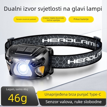 LED senzorna čelna lampica s dugim radnim vijekom baterije, USB punjenje, 5W LED, 800 mAh baterija, pogodna za ribolov, kampiranje i noćnu vožnju biciklom