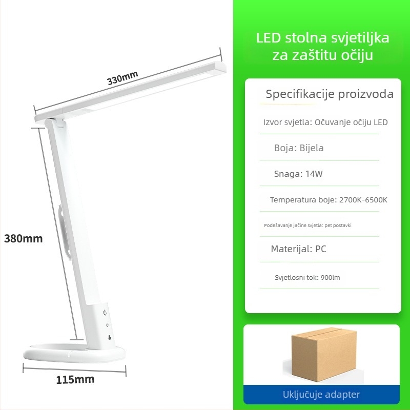Lampa za stol studijsku upotrebu s zaštitom vida, odvojiva i sklopiva, dodirni prekidač, 12W, CRI ≥90, petnivelno podešavanje jačine svjetla, napon ≤36V