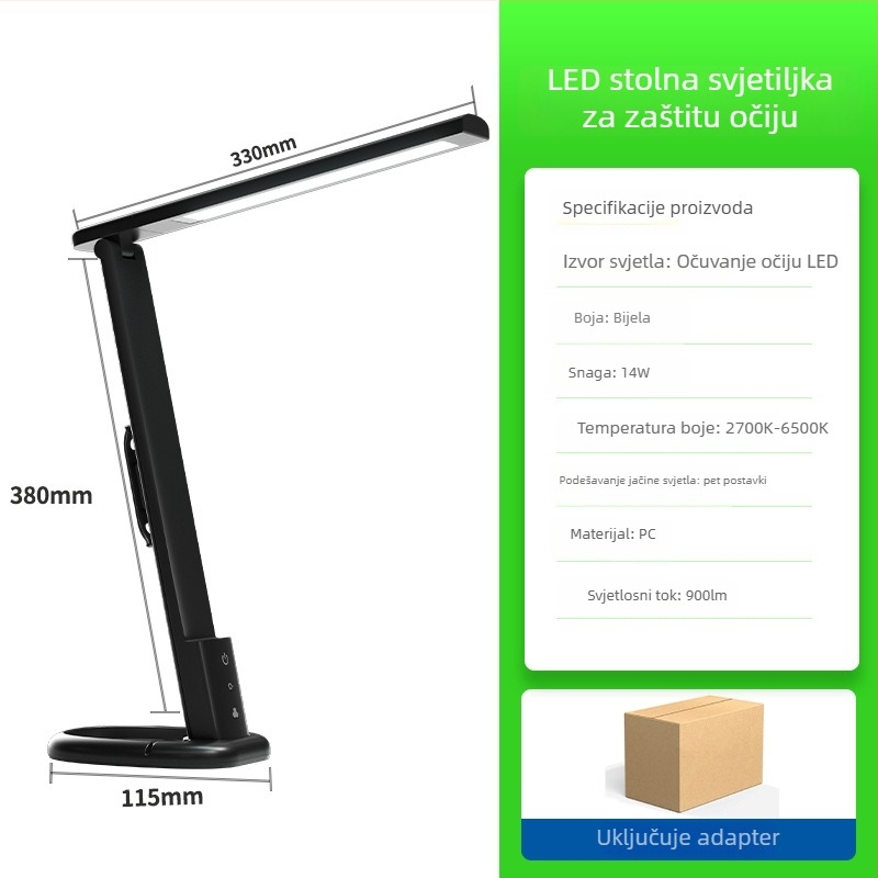 Lampa za stol studijsku upotrebu s zaštitom vida, odvojiva i sklopiva, dodirni prekidač, 12W, CRI ≥90, petnivelno podešavanje jačine svjetla, napon ≤36V