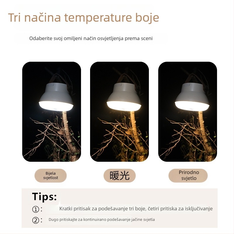 Kamperska LED lampica s nosačem za vješanje u šatoru, punjiva, 3.7V, 10W, prekidač na pritisak