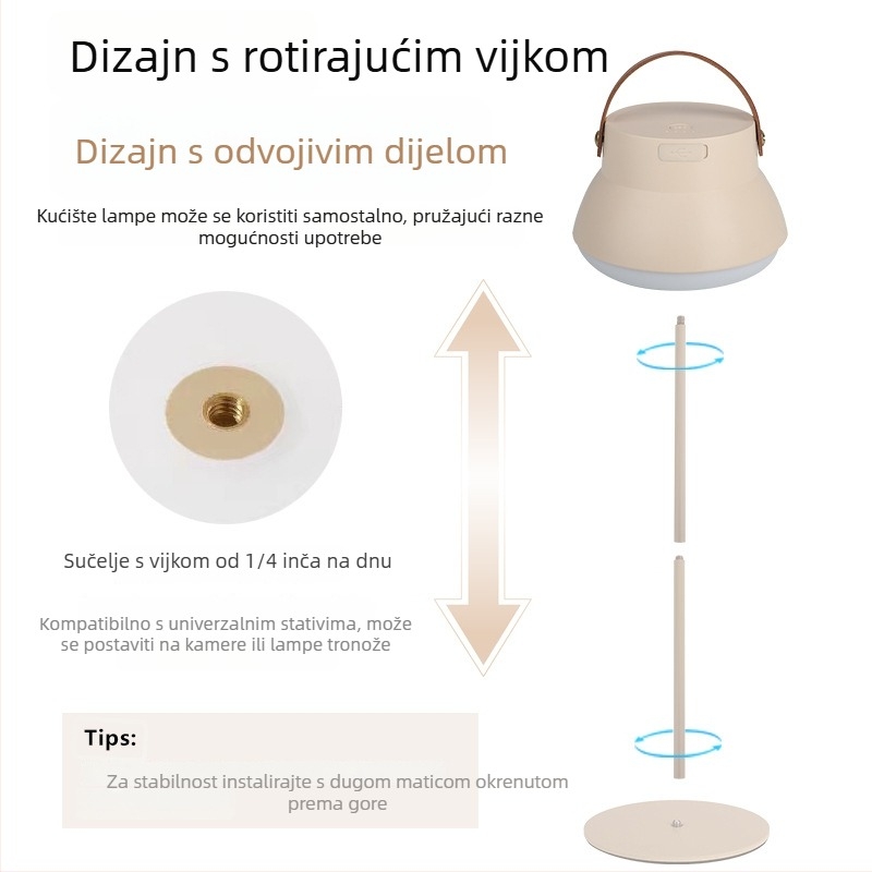 Kamperska LED lampica s nosačem za vješanje u šatoru, punjiva, 3.7V, 10W, prekidač na pritisak