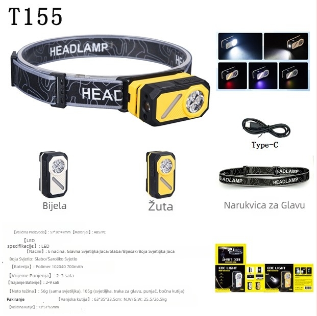 Čelna lampica sa senzorom, magnetska kopča, USB-C punjenje, digitalni zaslon, 5W