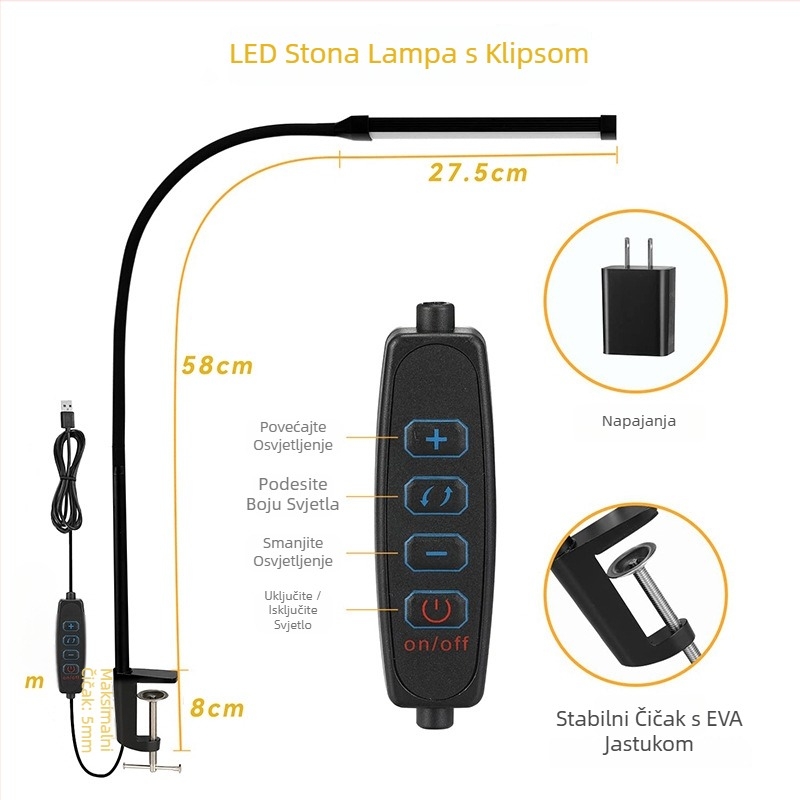 Klip- stolna lampa s zaštitom očiju, USB napajanje, prekidač na tipku, metalno sjenilo, pogodna za čitanje i uredske poslove