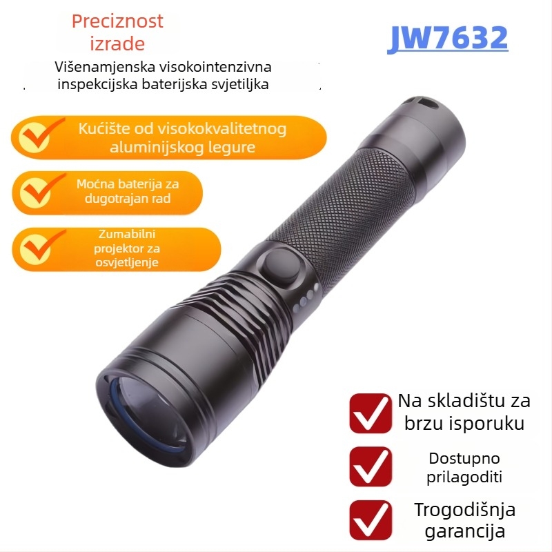 JW7632 Ručna LED svjetiljka s teleskopskim fokusom, Cree LED, bežično punjenje, 18650 baterija, IP66, domet 200 m