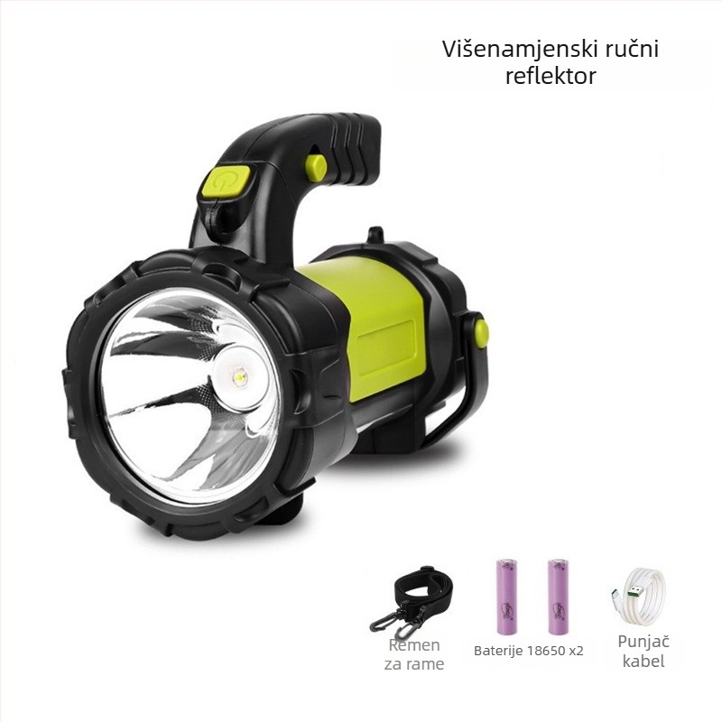 Višefunkcionalni LED potraga reflektor za vanjsku uporabu, prijenosno radno svjetlo s ručnim punjenjem, 5W, baterija 2400/3600 mAh, domet 200–500 m, uključuje punjač