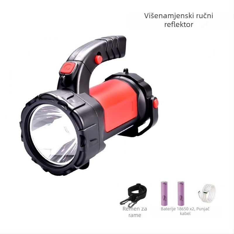 Višefunkcionalni LED potraga reflektor za vanjsku uporabu, prijenosno radno svjetlo s ručnim punjenjem, 5W, baterija 2400/3600 mAh, domet 200–500 m, uključuje punjač