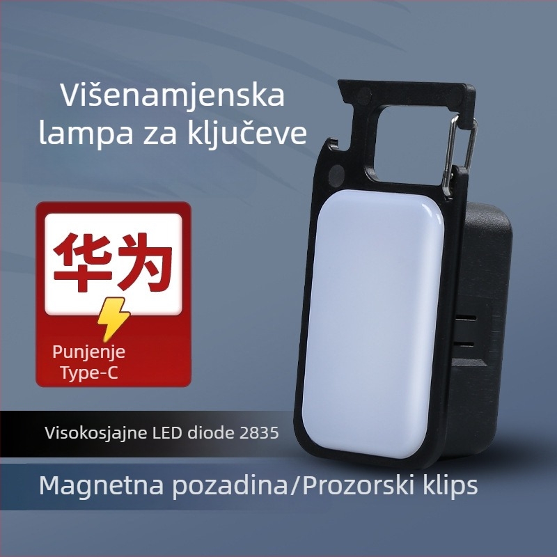 LED mini svjetiljka za ključeve s magnetskim radnim svjetlom, punjiva, kućište od aluminijske legure + PC, 3W LED, domet 50–100 m