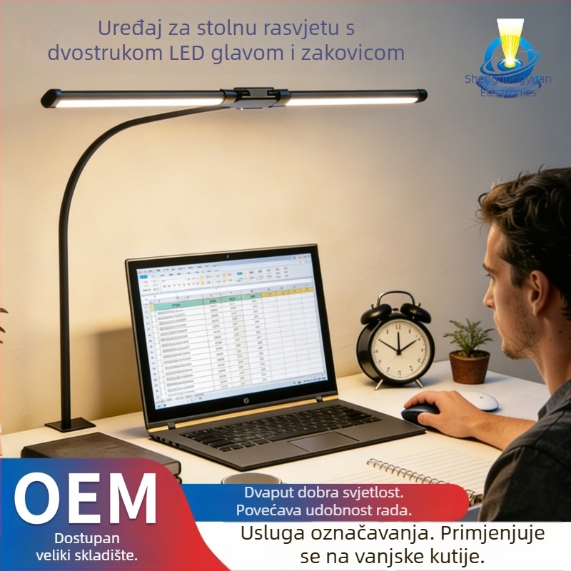 Stolna lampa s fleksibilnim vratom i dvostrukom glavom s klipom, zaštita očiju (12W, CRI ≥90, PC sjenilo)