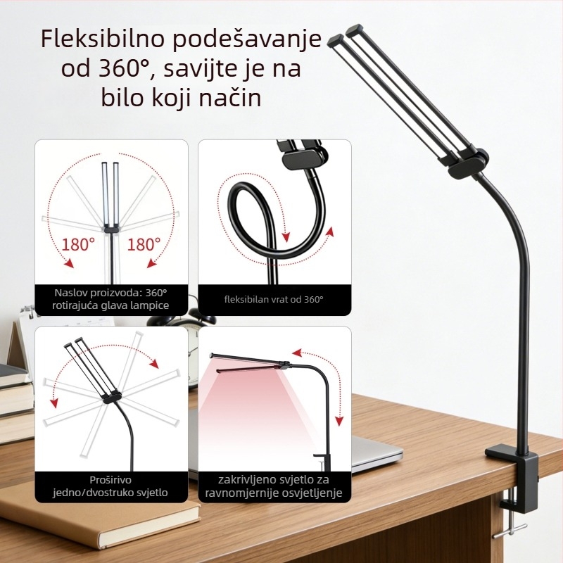 Stolna lampa s fleksibilnim vratom i dvostrukom glavom s klipom, zaštita očiju (12W, CRI ≥90, PC sjenilo)