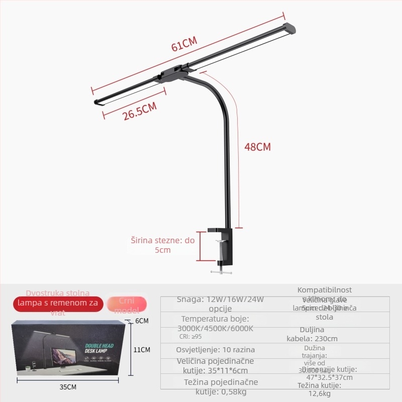 Stolna lampa s fleksibilnim vratom i dvostrukom glavom s klipom, zaštita očiju (12W, CRI ≥90, PC sjenilo)