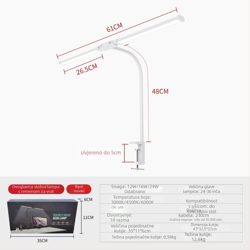 Stolna lampa s fleksibilnim vratom i dvostrukom glavom s klipom, zaštita očiju (12W, CRI ≥90, PC sjenilo)